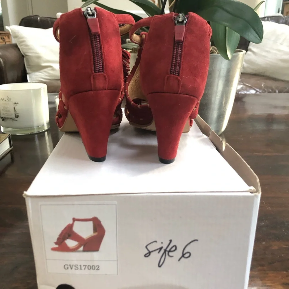 Red Suede Fringe Block Heel Sandals - Women , Grape vine